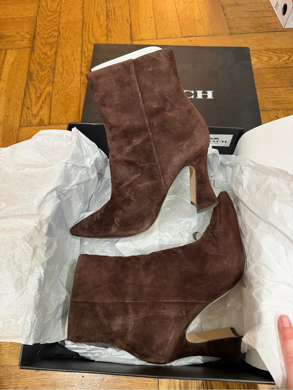 Coach Dark Brown Suede High-Heel Ankle Boots - Picture 2 of 5